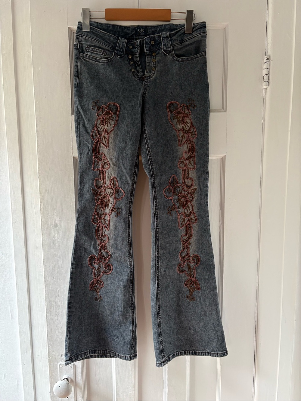 Soho Gray Flare Jeans with Brown Floral Embroidery